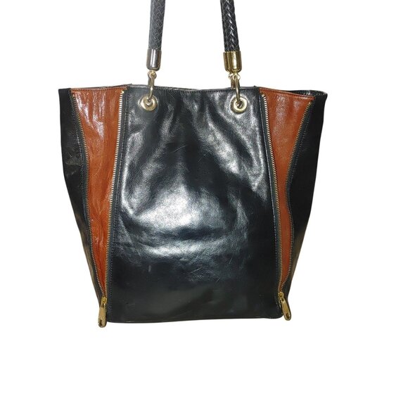 Badgley Mischka Expandable Black Leather Bucket Bag Tote Shopper Mayra Shine - Picture 2 of 16